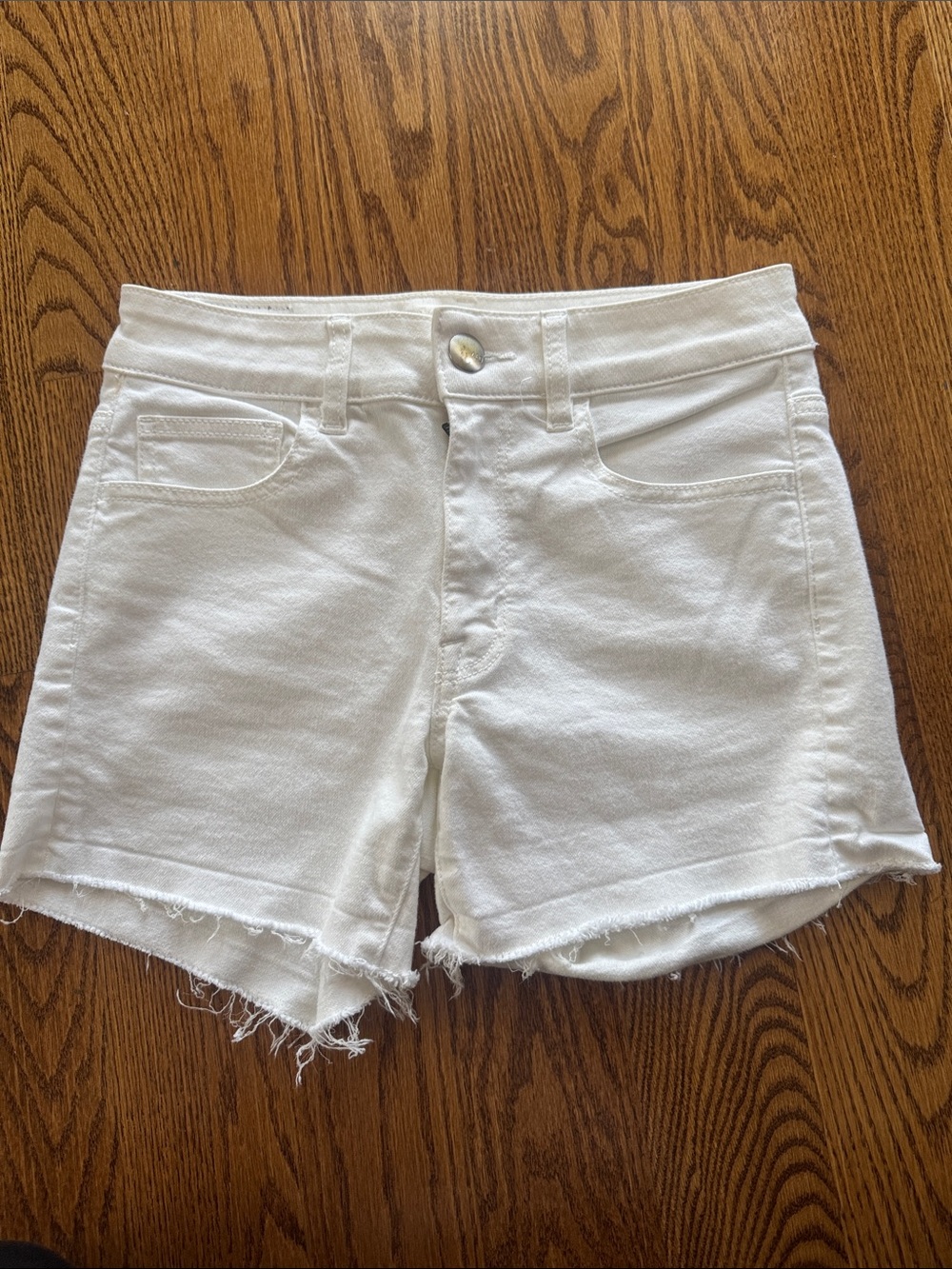 American Eagle Outfitters Super Super Stretch  White Denim Frayed-Hem Shorts